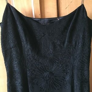 Embroidered bodice black crepe evening flared gown